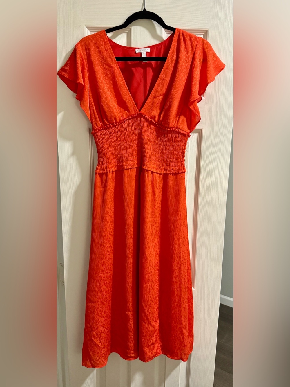 Leith Bright Orange Flutter Sleeve Smocked Waist Dress